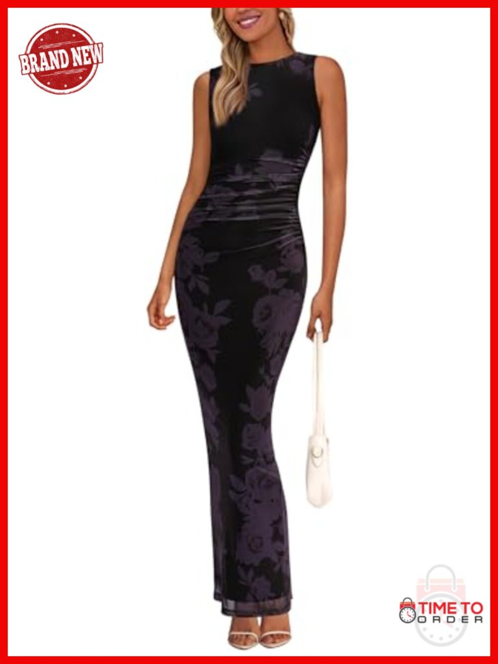 Women Floral Mesh Maxi Dress Sleeveless Ruched Bodycon Party Formal